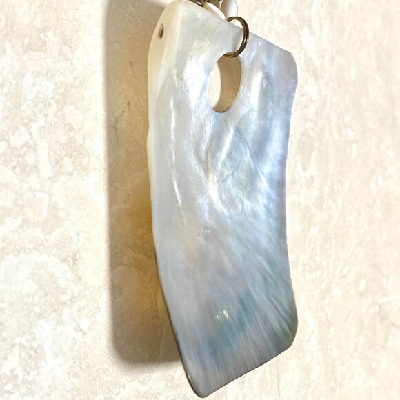 Rainbow Abalone Pendant & Dark Blue Mother of Pearl Bronze Link Long Necklace - Picture 8 of 15